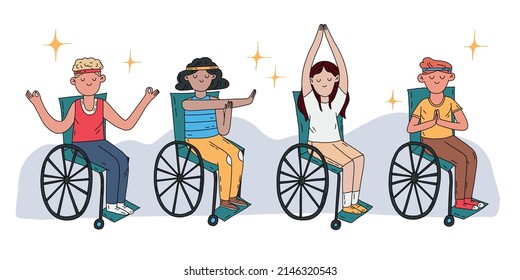 People in wheelchair do yoga and do sport. Happy social life. Hand drawn style vector design illustration.