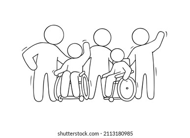 People in wheelchairs and caregivers. Vector doodle sketch with elderly, sick patients in wheel chairs and hospital workers. 