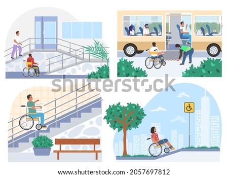 People in wheelchairs moving freely within city public places and transport accessible for disabled person, flat vector illustration. Barrier free environment.