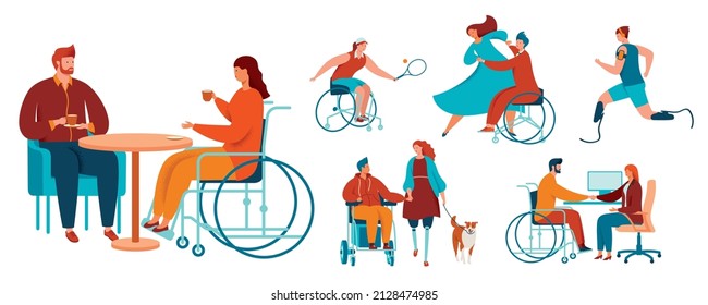 People with  wheelchairs and prostheses who lead an active lifestyle, walk, dance, communicate, play sports, work. Vector set on white background.