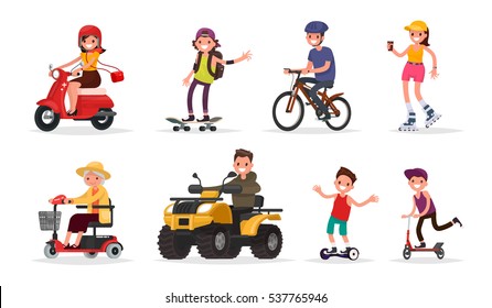 People and wheeled: vehicles, scooter, skateboard, bicycle, roller skates, gyroscooter, ATV. Vector illustration in a flat style