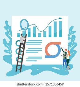 people while auditing financial report on the huge screen. Huge screen showing financial graph in modern design with business people working together