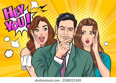 people whispering gossip or business secret to friend surprised In Retro Vintage Pop Art Comic Style
