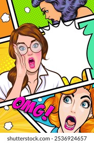 pessoas sussurrando fofoca ou segredo de negócios para amigo surpreso Em estilo de quadrinhos pop art vintage