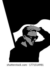 People whit flaf and banner on street. Isolated silhouettes of people on a white background