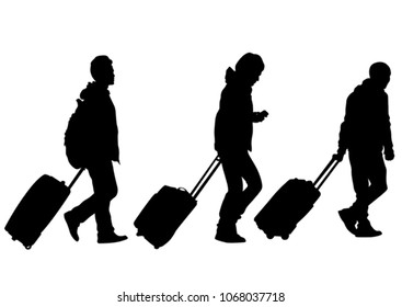 People whit travel big suitcases on white background