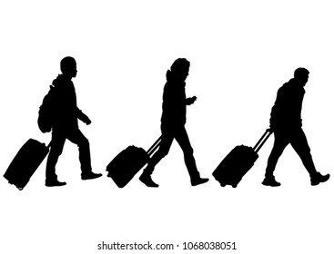 People whit travel big suitcases on white background
