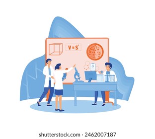 People in white coat, chemical researchers with laboratory equipment. Of scientist in laboratory, science experiment in lab. flat vector modern illustration 