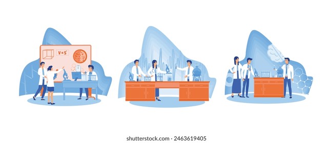 People in white coat, chemical researchers with laboratory equipment. Scientific research. Of scientists two men and woman working at science lab. Set flat vector modern illustration 