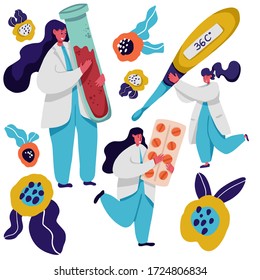 Personas con abrigos blancos ilustraciones vectoriales planas conjunto. Científico y asistente, médicos caricaturistas. Mujer con termómetro, pastillas y tubo de ensayo con sangre