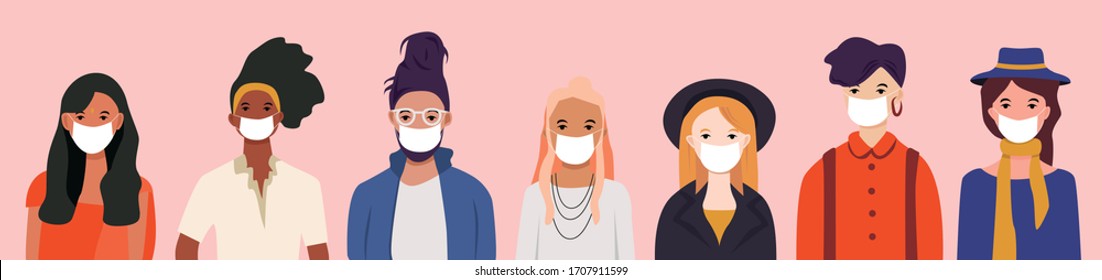 People in white face mask. Vector banner illustration. Men and women wearing protection from virus, urban air pollution.Concept of coronavirus quarantine. Novel coronavirus (2019-nCoV).