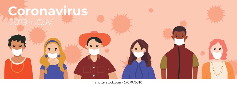 People in white face mask. Vector banner illustration. Men and women wearing protection from virus, urban air pollution.Concept of coronavirus quarantine. Novel coronavirus (2019-nCoV).