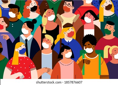 People in white face masks concept. Crowd of men women cartoon characters wearing protective medical respirators standing together. Coronavirus quarantine and healthcare seamless pattern illustration