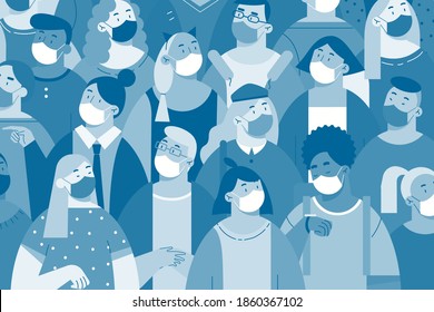 People in white face masks concept. Crowd of men women characters wearing protective medical respirator standing together. Coronavirus quarantine and healthcare seamless pattern illustration for print