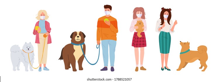 People in white medical face mask walking dogs. Pet flat cartoon set. Coronavirus Covid 19, girl and guy playing with dog. Shepherd and husky, Spitz. Isolated vector illustration