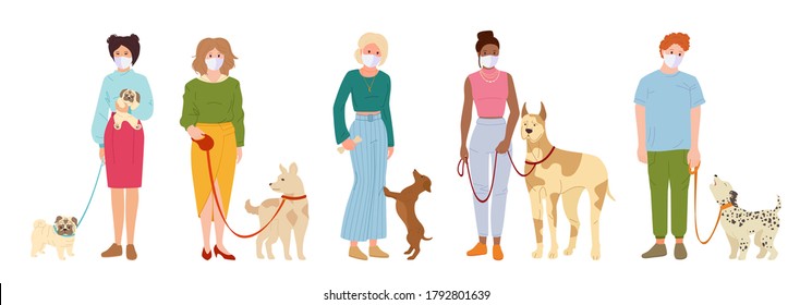 People in white medical face mask walking dogs. Pet flat cartoon set. Coronavirus Covid 19, girl or boy playing with dog, outdoor activities. Pug, dachshund or dalmatian. Isolated vector illustration