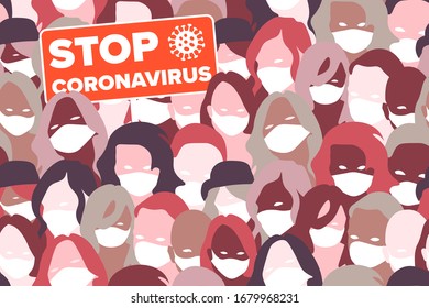 People in white medical face masks and “stop coronavirus” -sign. Seamless pattern. Concept of coronavirus, 2019-nCoV, quarantine, infection, stop coronavirus, pandemic. Repetitive vector illustration.