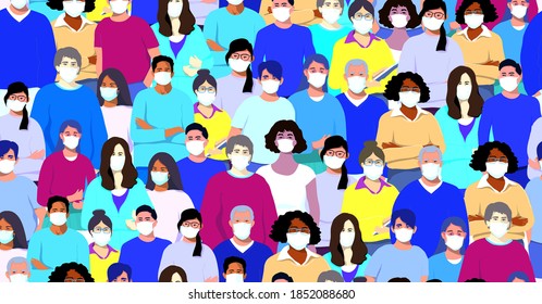 People in white medical face masks. Coronavirus quarantine vector illustration concept. Seamless pattern.