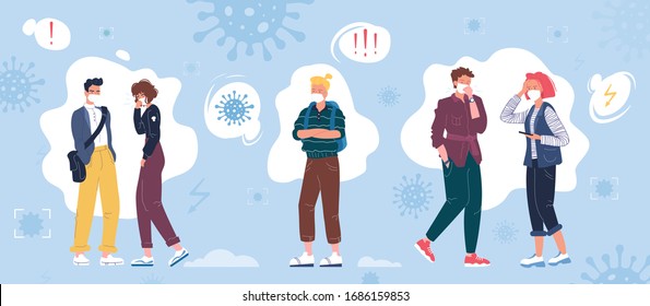 People in white medical masks. People stand coughing, headache, afraid of the virus. The virus surrounds them. Vector illustration