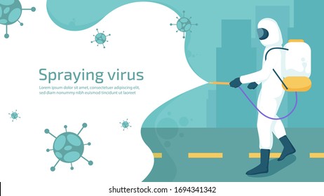 People in white protective clothing are spraying to Kill virus.Illustration about protection covid-19 with cleaning item.