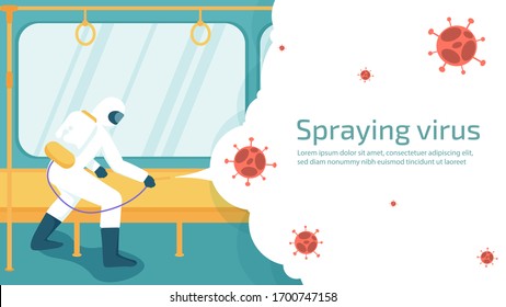 People in white protective clothing are spraying to Kill virus in electric train. Illustration about protection covid-19 and corona virus.