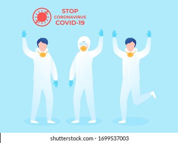 People in white protective suits. Flat vector illustration Waving hand various poses in full growth isolated on blue background