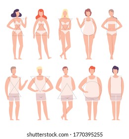 People in White Underwear Set, Five Types of Male and Female Body Shapes, Hourglass, Inverted Triangle, Round, Rectangle, Triangle Flat Style Vector Illustration