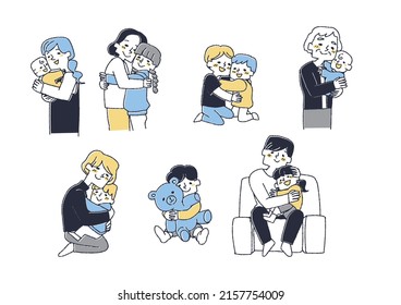 People who affectionately embrace their families, comical handwritten figures, vectors, warm line drawings