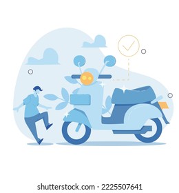 People who buy new motorcycles. First impression of seeing the new motorbike. Vector illustration