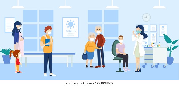 People who can get free vaccinations and doctors fighting viruses with giant syringes. flat design style minimal vector illustration