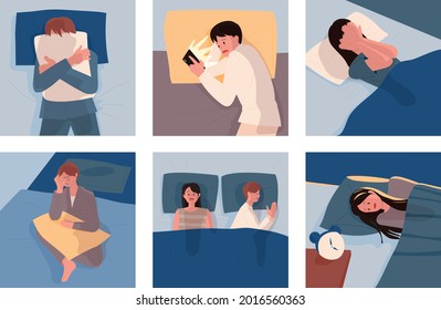 People who can't sleep due to insomnia. flat design style minimal vector illustration.