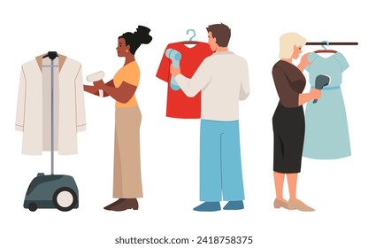 People who care about their wardrobe with steamer tool for quickly and easily removing wrinkles from clothes, flat vector illustration isolated on white background.