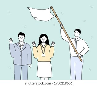 The people who cheer, the man with the flag illustration set. everyone, team, power, business. Vector drawing. Hand drawn style.