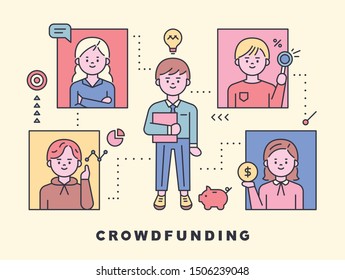People who collaborate with developers with crowdfunding. flat design style minimal vector illustration.
