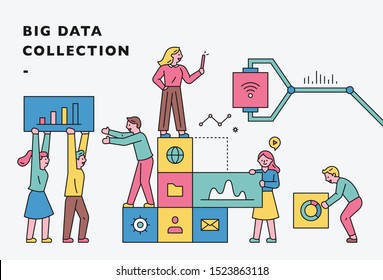 Pessoas que coletam big data. Estou trabalhando em equipe. Ilustração vetorial minimalista de estilo design plano.