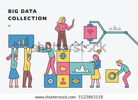 People who collect big data. I am working in teamwork. flat design style minimal vector illustration.