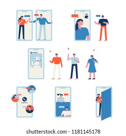 People who communicate with mobile Various case sources set. flat design style vector graphic illustration