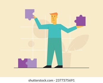 people who are confused about putting together a puzzle.  vector flat illustration