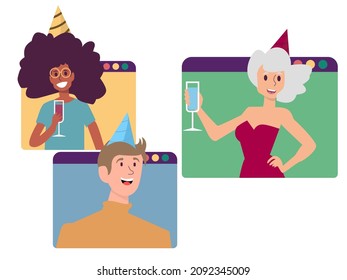 People who are connected online and have a virtual party, with party glasses and hats