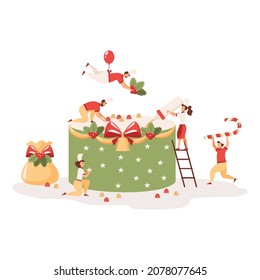 People who cook a festive cake for happy new year and a merry christmas holiday weekend. 
Mini chefs make a tasty cake, many sweets and gifts. Vector illustration.