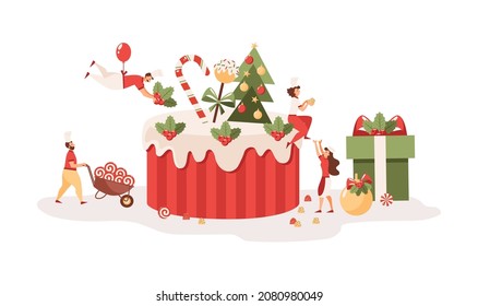 People who cook a festive cake for happy new year and a merry christmas holiday weekend. 
Mini chefs make a tasty cake, many sweets and gifts. Vector illustration.