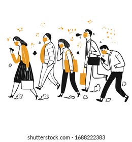 A Lot Of People Who Daily Use. Walking, Hygiene Masks The Prevention Of Contagious Diseases. Hand Drawn, Vector Illustration Doodle Style.