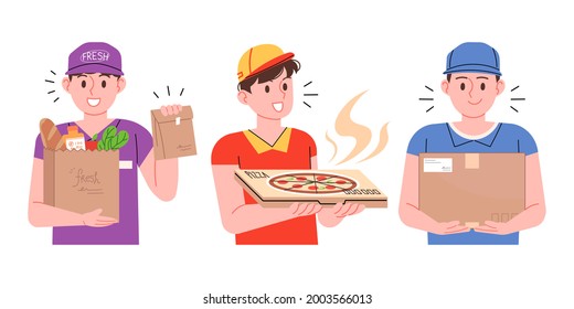 People who deliver various items. Dawn delivery, food delivery, online courier. Shipping concept character figures vector illustration collection.