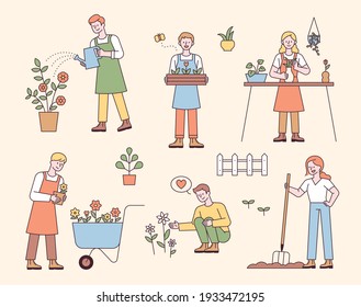 People who do gardening. People are planting or watering flowers. flat design style minimal vector illustration.