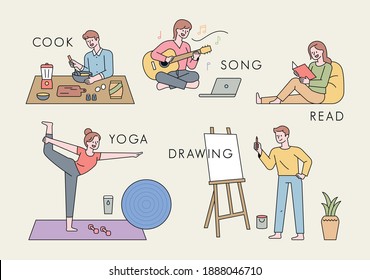 People who do hobbies. People who cook, play guitar, read books, do yoga, and draw. flat design style minimal vector illustration.