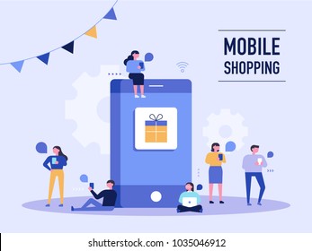  People Who Do Mobile Shopping In Front Of Huge Cell Phones. Vector Illustration Flat Design