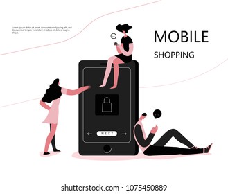 People who do mobile shopping in front of huge cell phone. Vector illustration flat design.