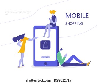 People who do mobile shopping in front of huge cell phone. Vector illustration flat design.