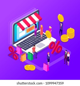 People who do mobile shopping. Vector illustration flat design.Sale, consumerism and people concept. People shop online using smartphone,laptop. Landing page template. 3d vector isometric illustration