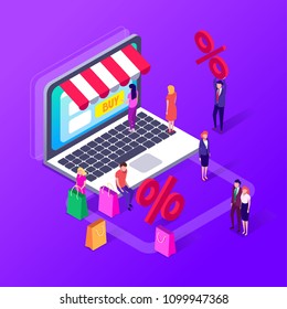 People who do mobile shopping. Vector illustration flat design.Sale, consumerism and people concept. People shop online using smartphone,laptop. Landing page template. 3d vector isometric illustration